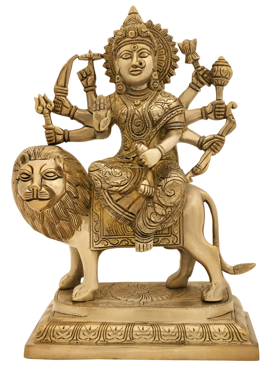 Exotic India Goddess Durga in Abhay Mudra Having Fierce Gaze Gold Brass Metallic Prayer Room Hand Made Medium Showpiece - 11.5 Inches