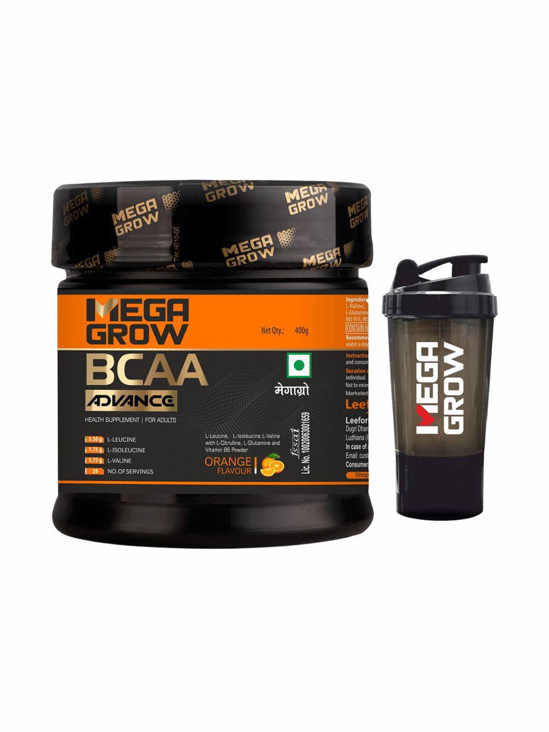 Megagrow BCAA Advance Intra/Pre Workout Protein Orange Flavour With Shaker - 400 gms