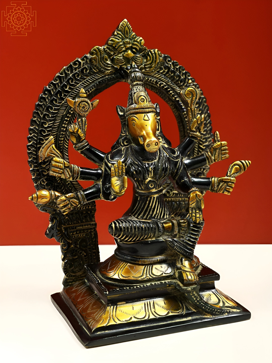 Exotic India Eight Armed Goddess Varahi Black Brass Metallic Prayer Room Small Showpiece - 8 Inches