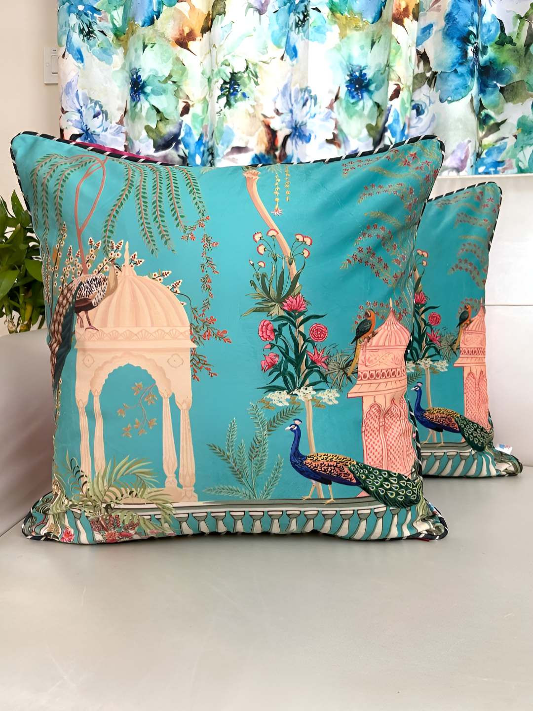 TARA- Sparkling Homes Blue & Pink Set of 2 Floral Velvet Square Cushion Covers