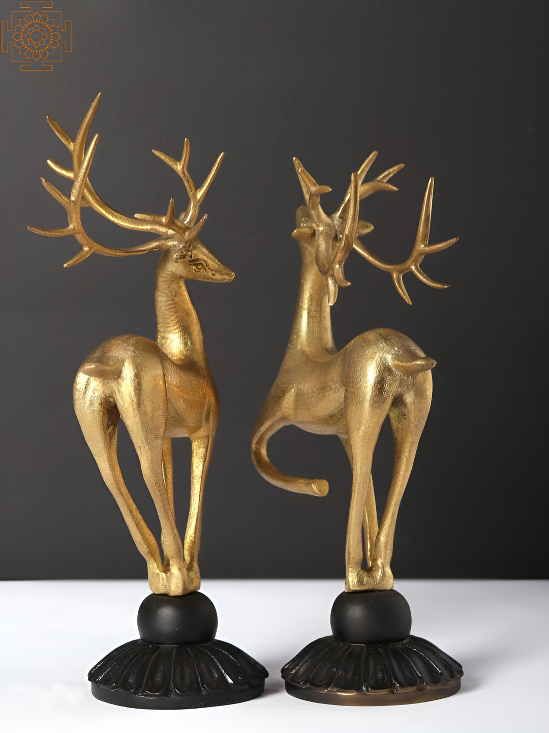 Exotic India Pair Of Reindeer Gold Brass Metallic Living Room Set of 2 Large Showpieces - 11.3 Inches
