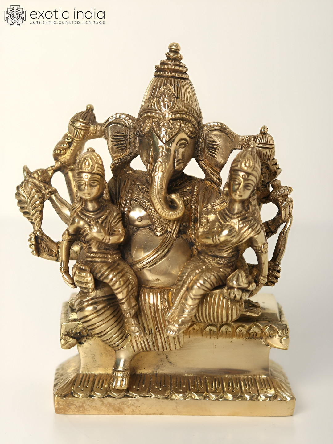 Exotic India Lord Ganesha with Riddhi Siddhi Beige Brass Metallic Prayer Room Small Showpiece - 5.5 Inches