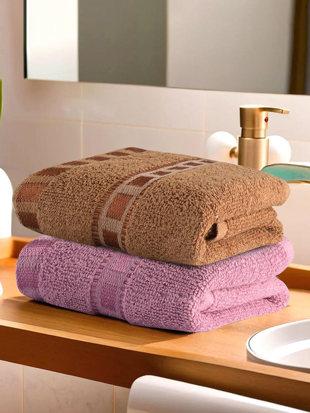 Kuber Industries Pink & Gold Toned 2Pcs Cotton Anti-Bacterial 225 GSM Face Towels