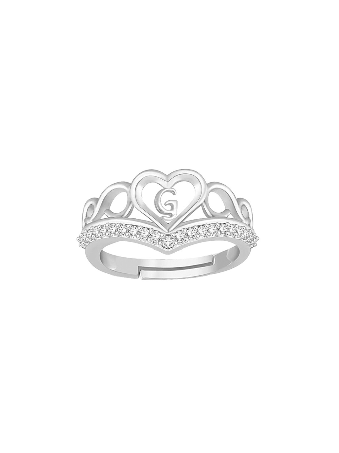 Lila Silver Plated Cubic Zirconia Stone Studded Alphabet G Finger Ring