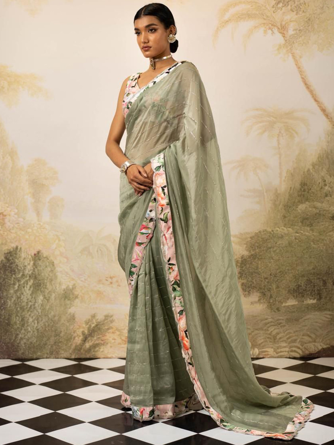 Geethika kanumilli Embellished Striped Sequinned Saree