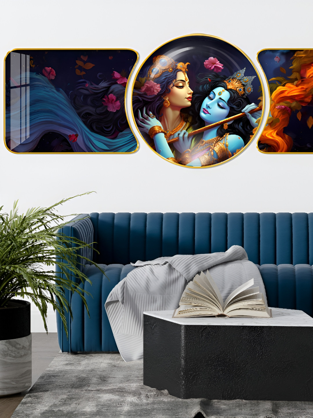 Aura Lord Krishna Blue Wood Wall Living Room Rectangle Potrait Paintings Wall Art