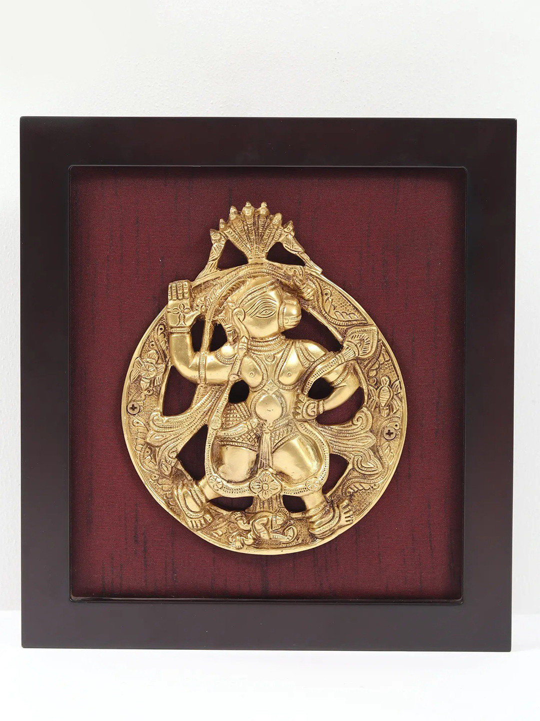 Exotic India Lord Hanuman Under Serpent Plate Brass Glossy Spiritual Wall Decor-12.5In