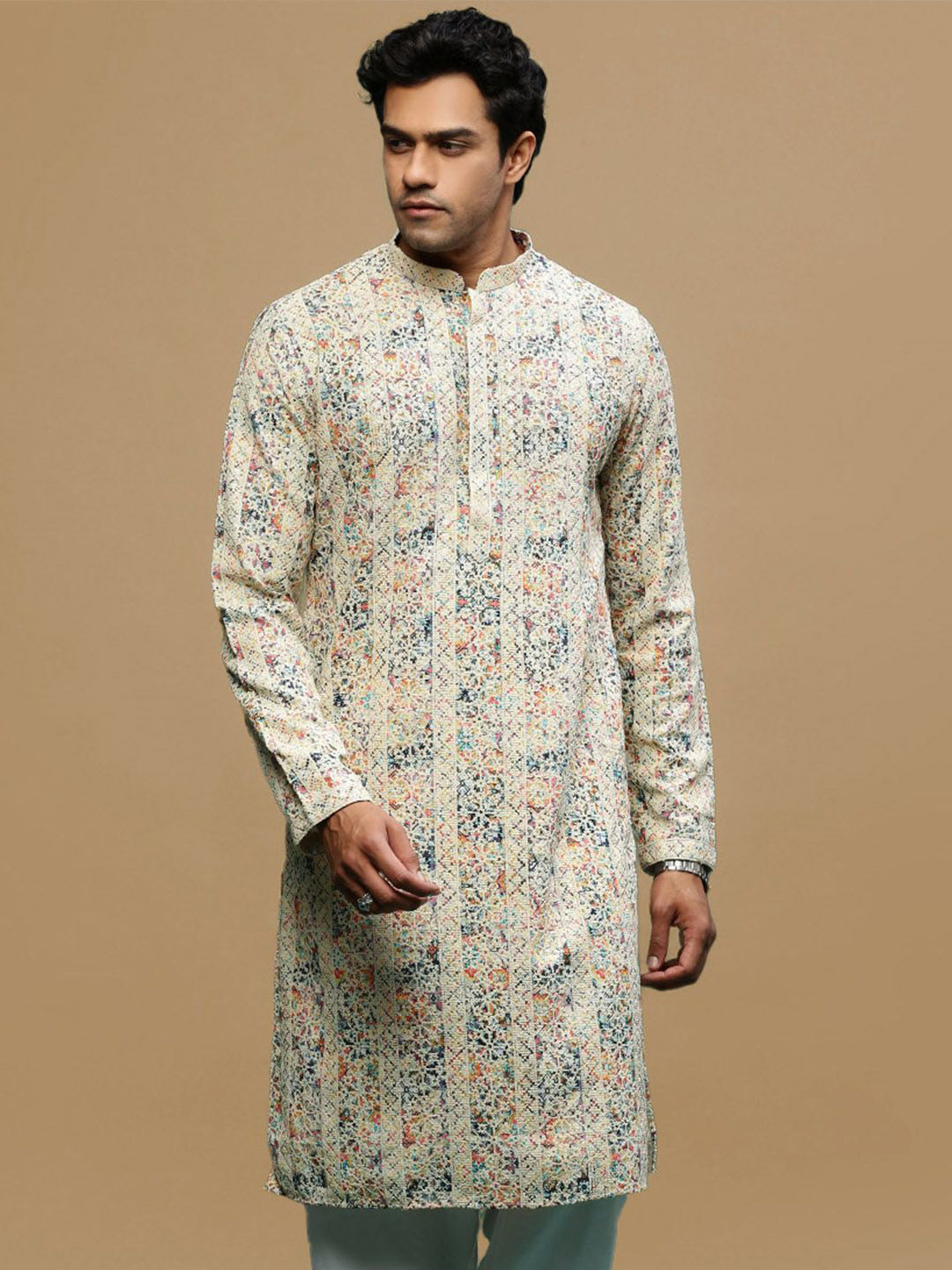 Sanwara Floral Embroidered Sequinned Cotton Straight Kurta
