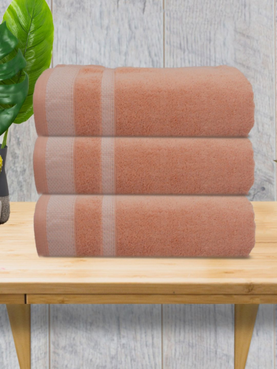 Aura Peach-Coloured & White 3 Pieces Water Absorbent Cotton Bath Towels 500 GSM