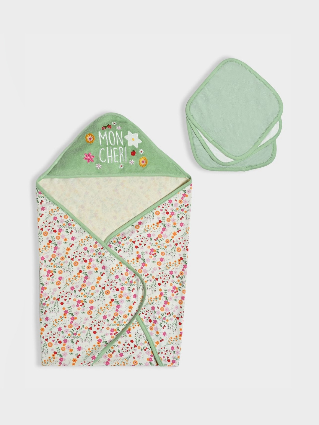 MiArcus Kids Green & Off White 4 Pieces Printed Cotton 200 GSM Bath Towel