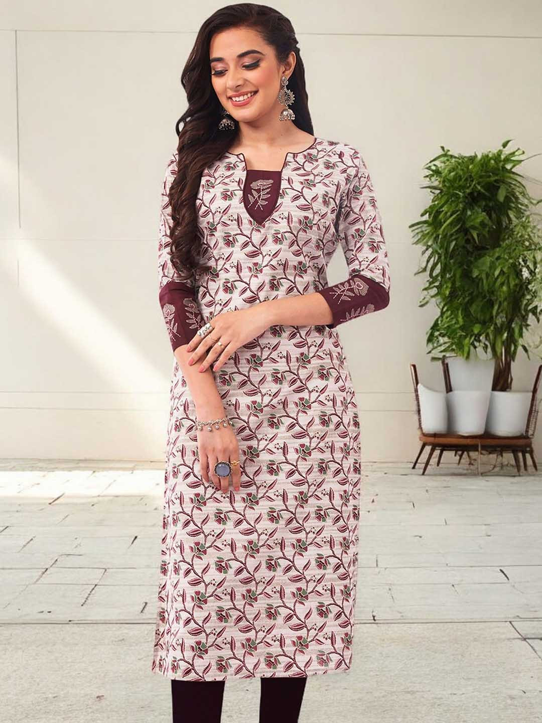 Jevi Prints Floral Printed Round Neck Three-Quarter Sleeves Cotton Straight Kurta