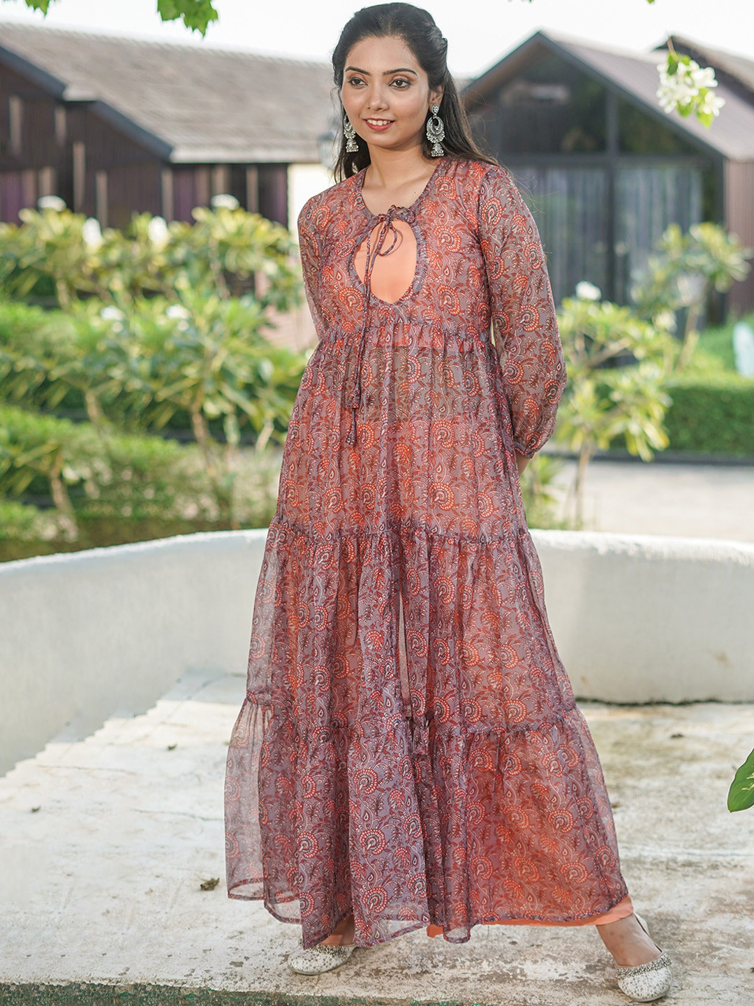 GO BOUJEE Ethnic Floral Printed Angle length Tie-Up Neck Tiered Kurta with Palazzo