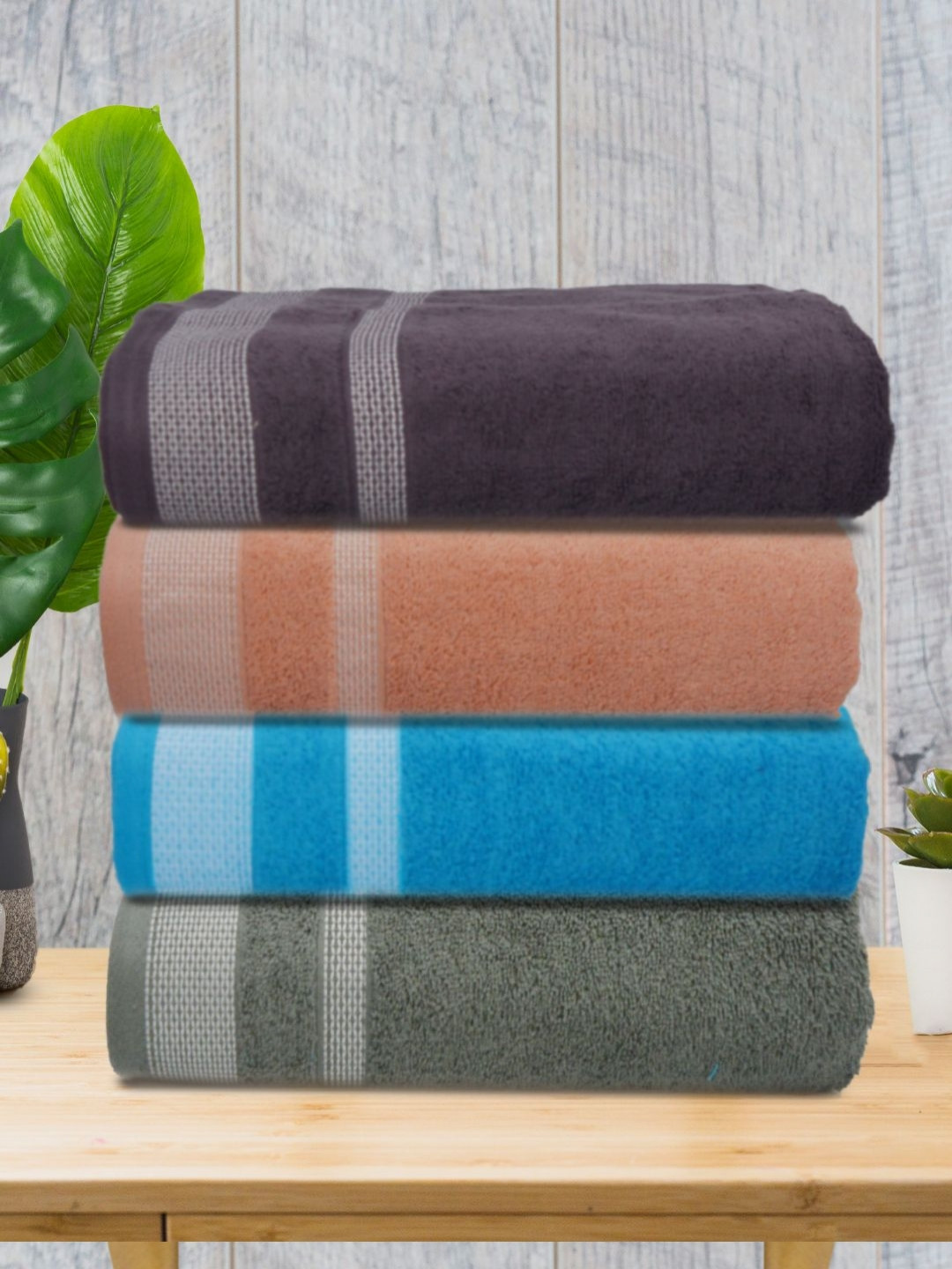 Aura Blue & Peach-Colored 4 Pieces Striped Cotton 400 GSM Bath Towels