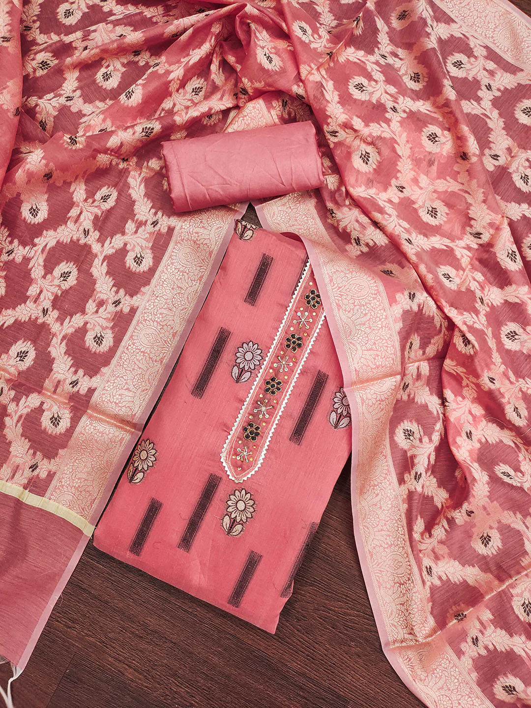 KALINI Floral Unstitched Zari Dress Material