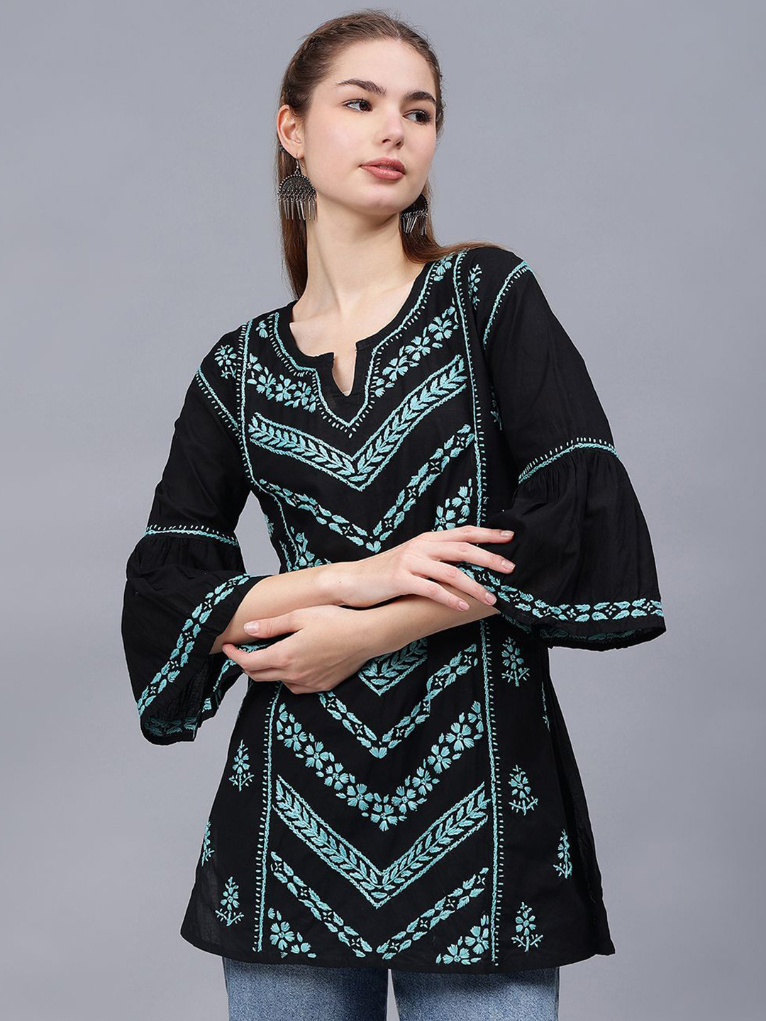 Seva Chikan Ethnic Motifs Embroidered V-Neck Flared Sleeves Chikankari Chikankari Kurti