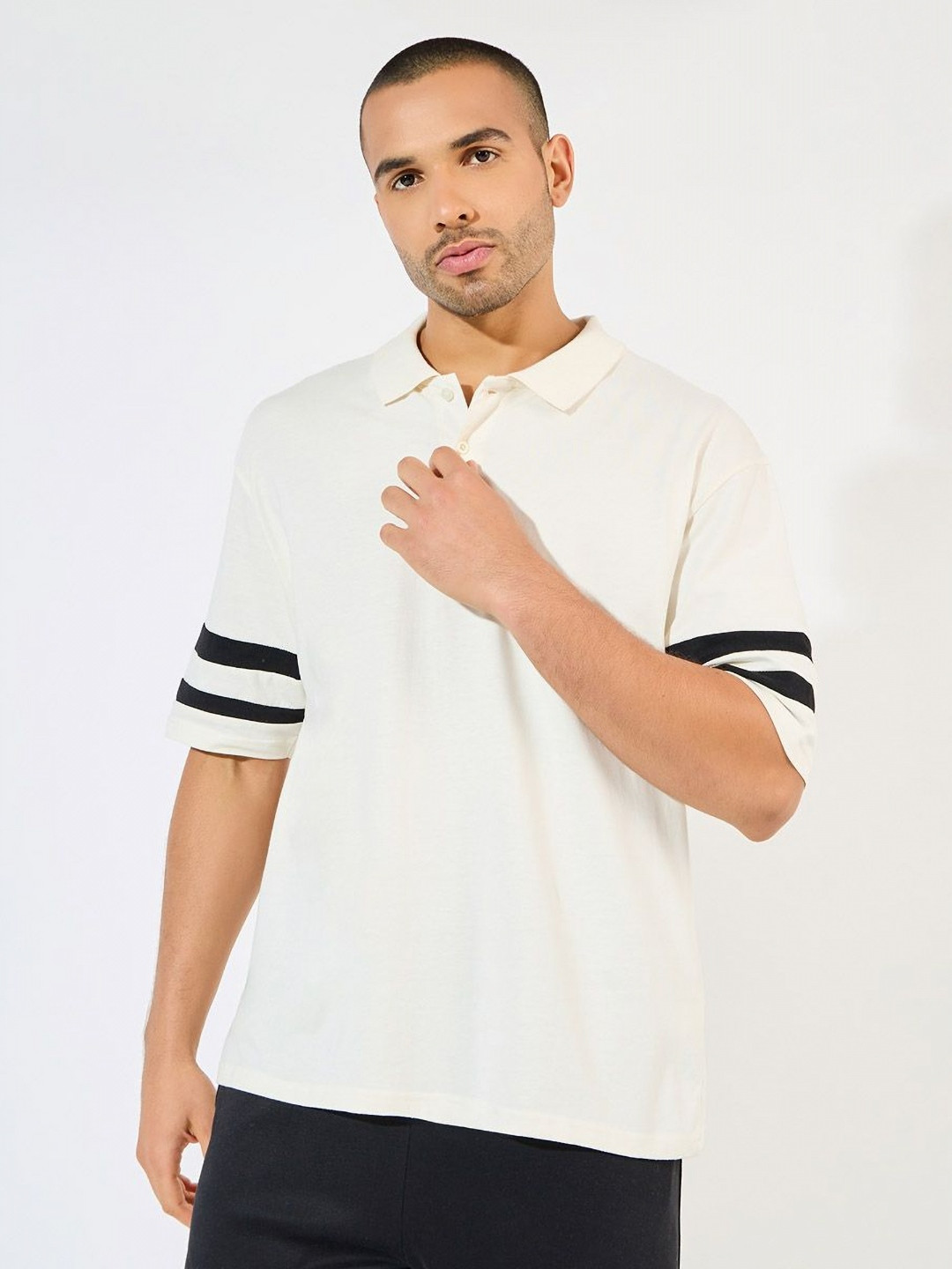 Styli Men Striped Polo Collar Cotton Oversized T-Shirt