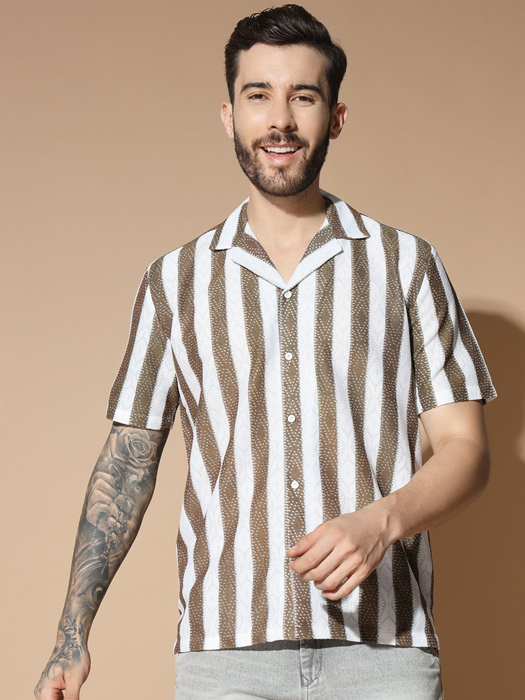 GLITO Men Modern Cuban Collar Multi Striped Cotton Relaxed Fit Casual Shirt