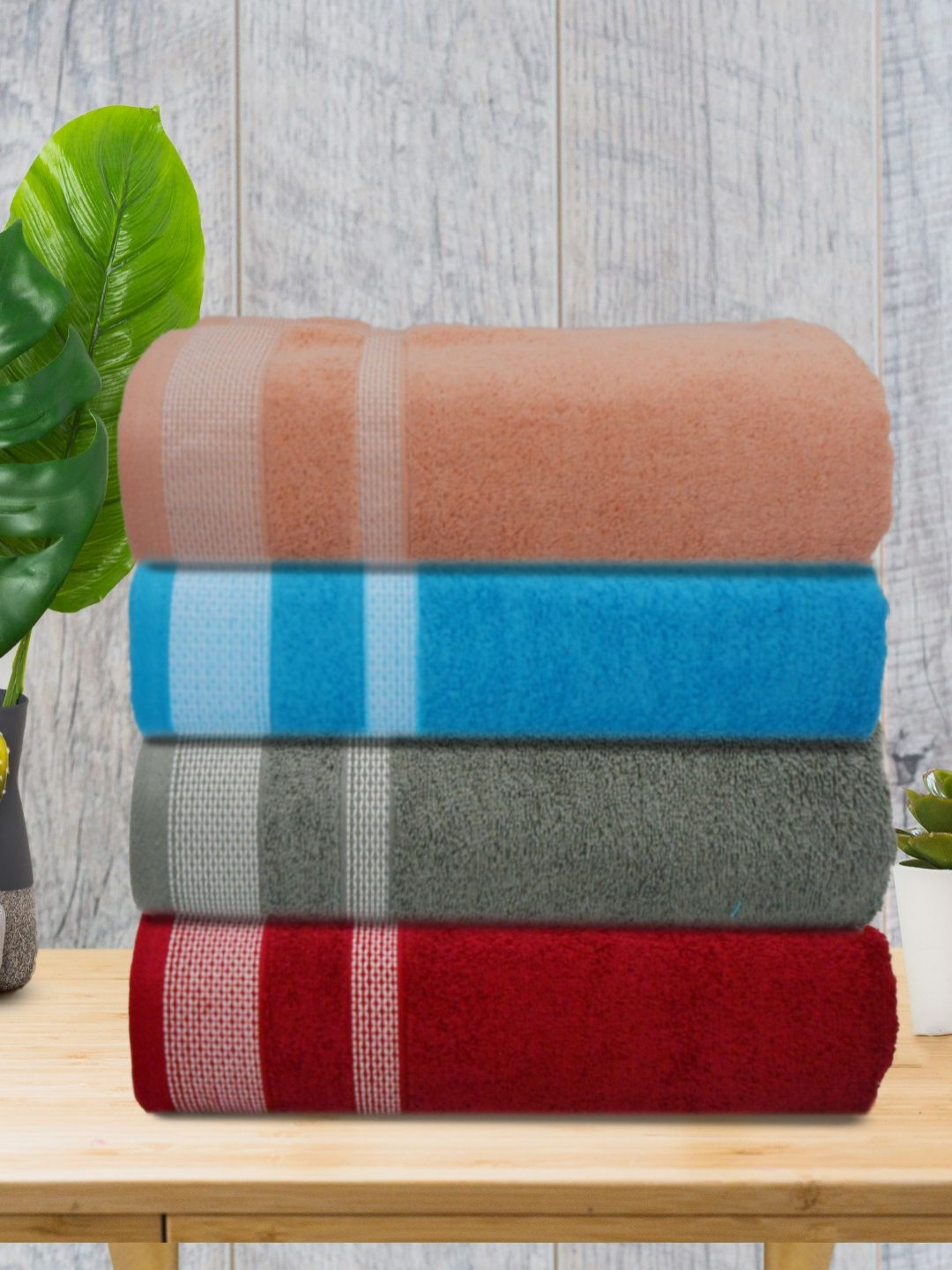 Aura Peach-Coloured & Maroon 4 Pieces Striped Cotton 400 GSM Bath Towels