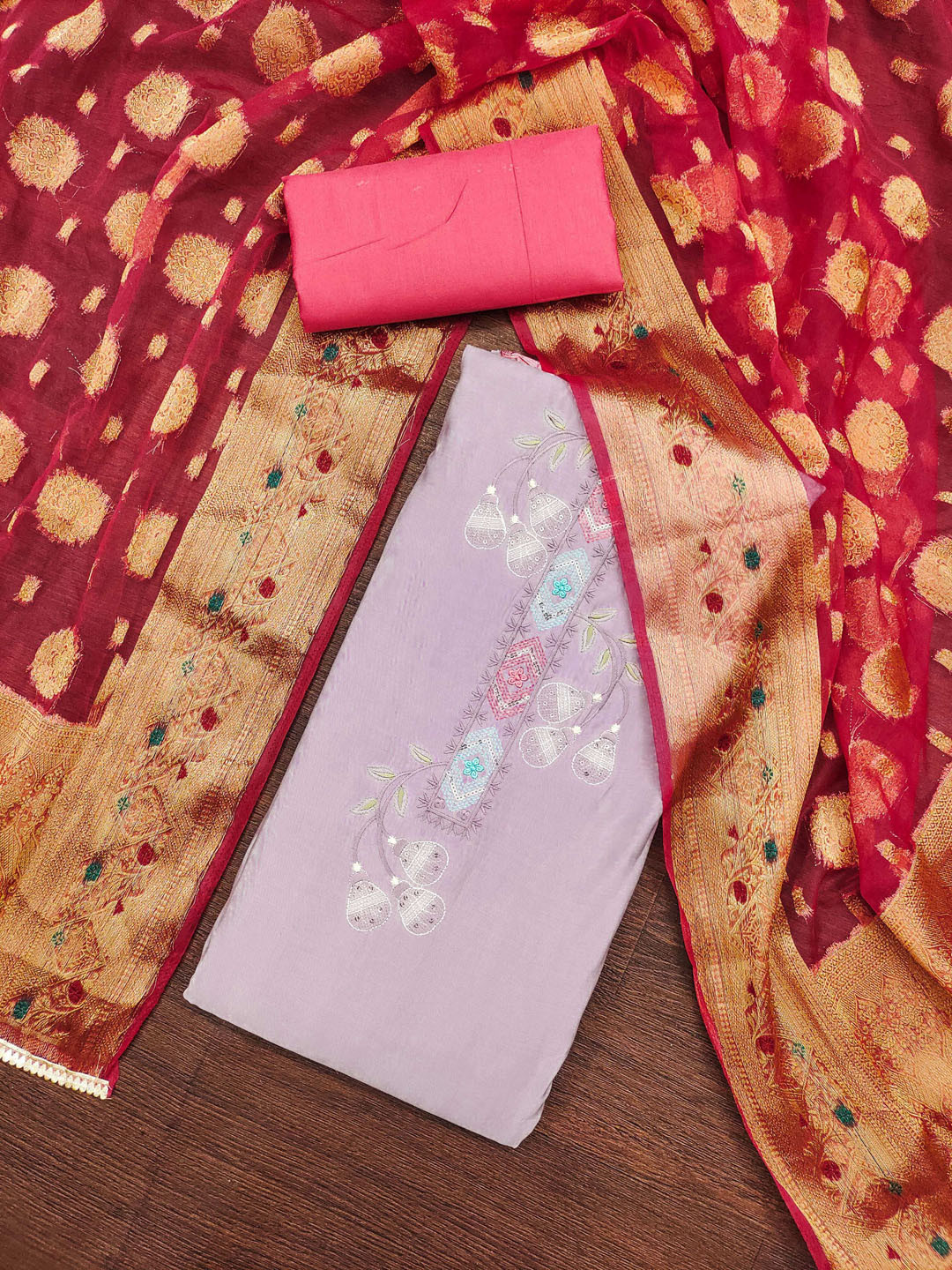 KALINI Floral Embroidered Pure Silk Thread Work Unstitched Dress Material