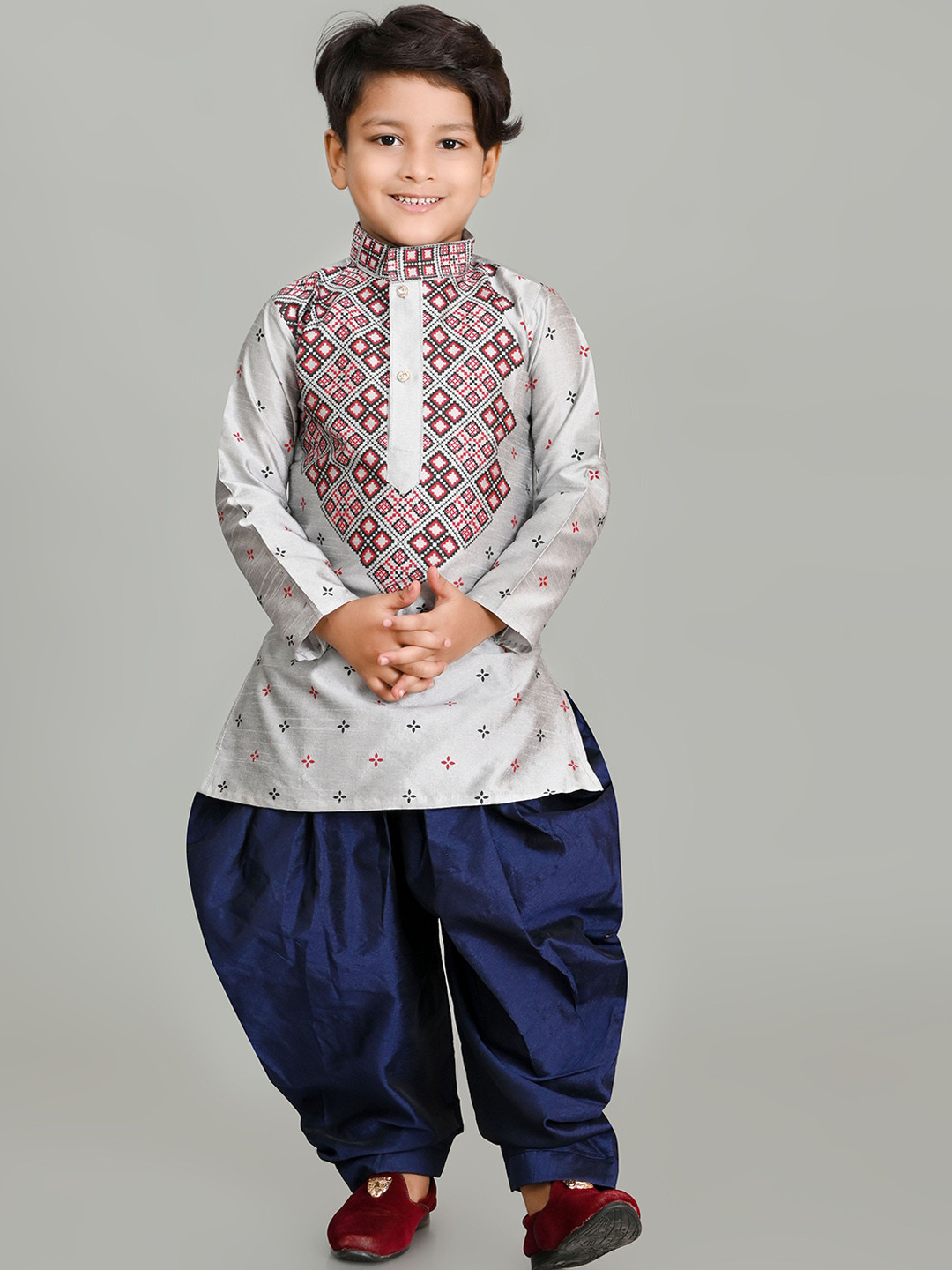 NFC CREATION Boys Geometric Printed Mandarin Collar Dupion Silk Kurta with Patiala