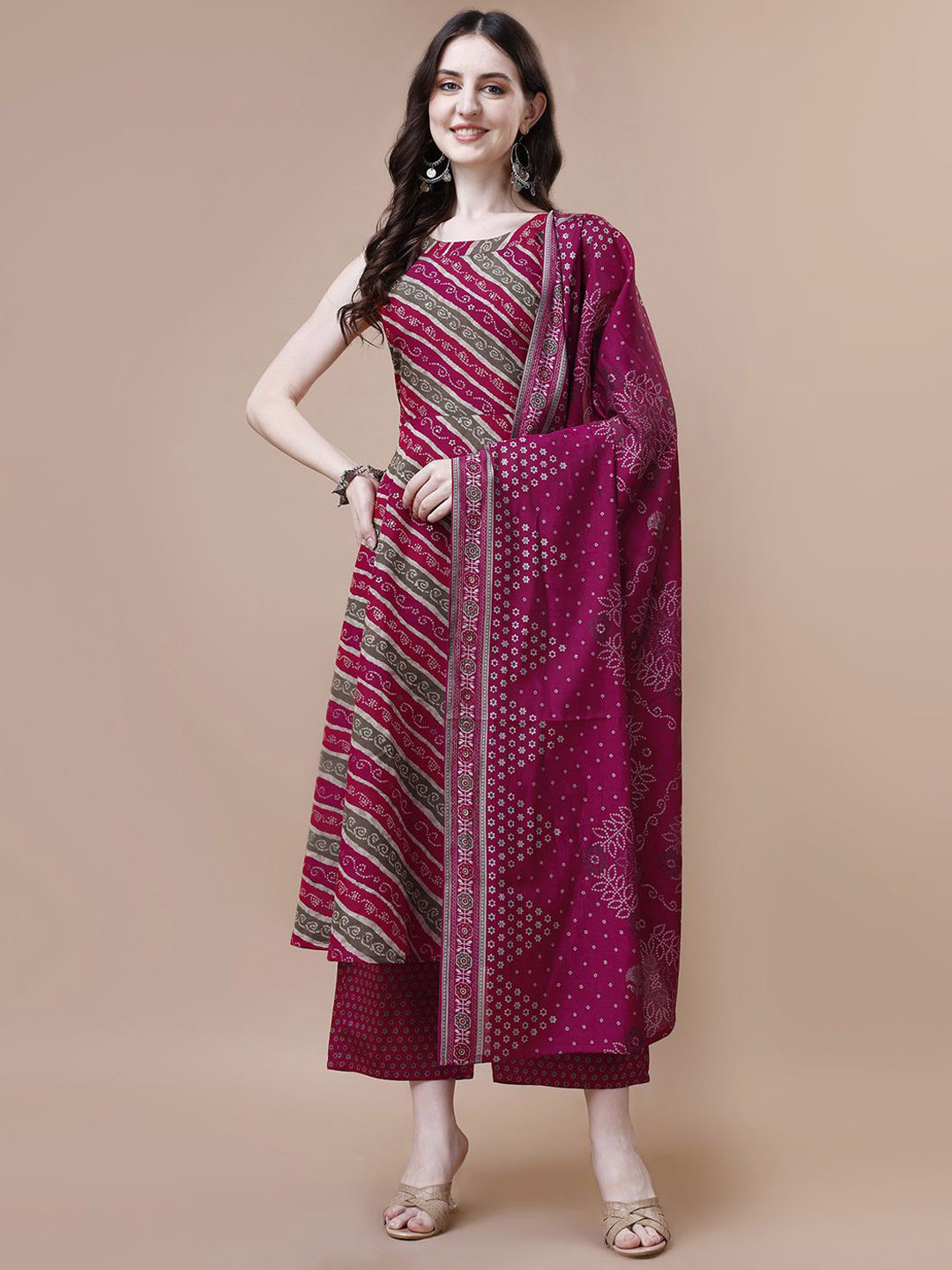 KALINI Ethnic Motifs Printed Boat Neck Straight A-Line Kurta With Palazzos & Dupatta