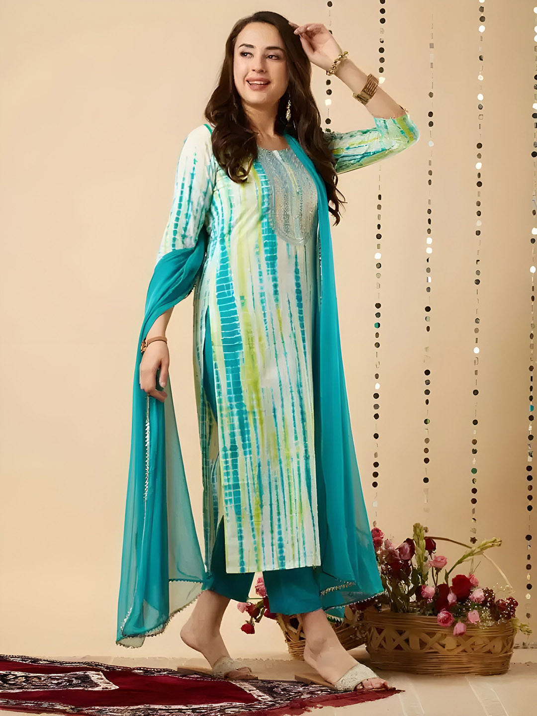 TOP 2 BOTTOM Abstract Printed Sequinned Straight Kurta With Trousers & Dupatta