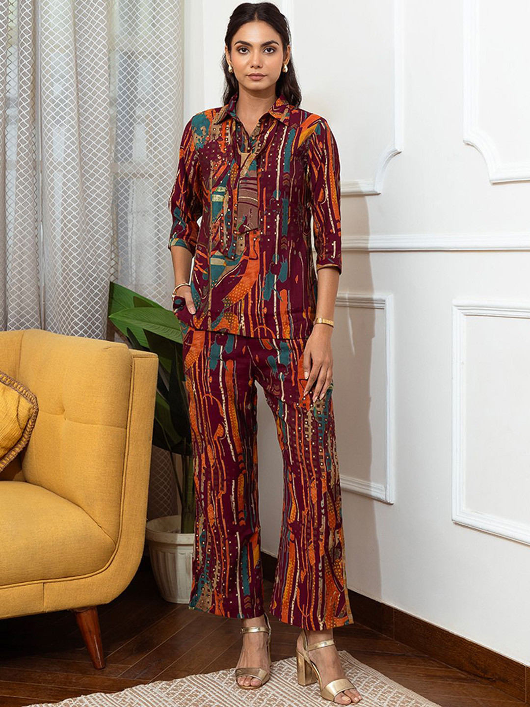 Claura Burgundy Abstract Printed Chanderi Silk Shirt & Trousers