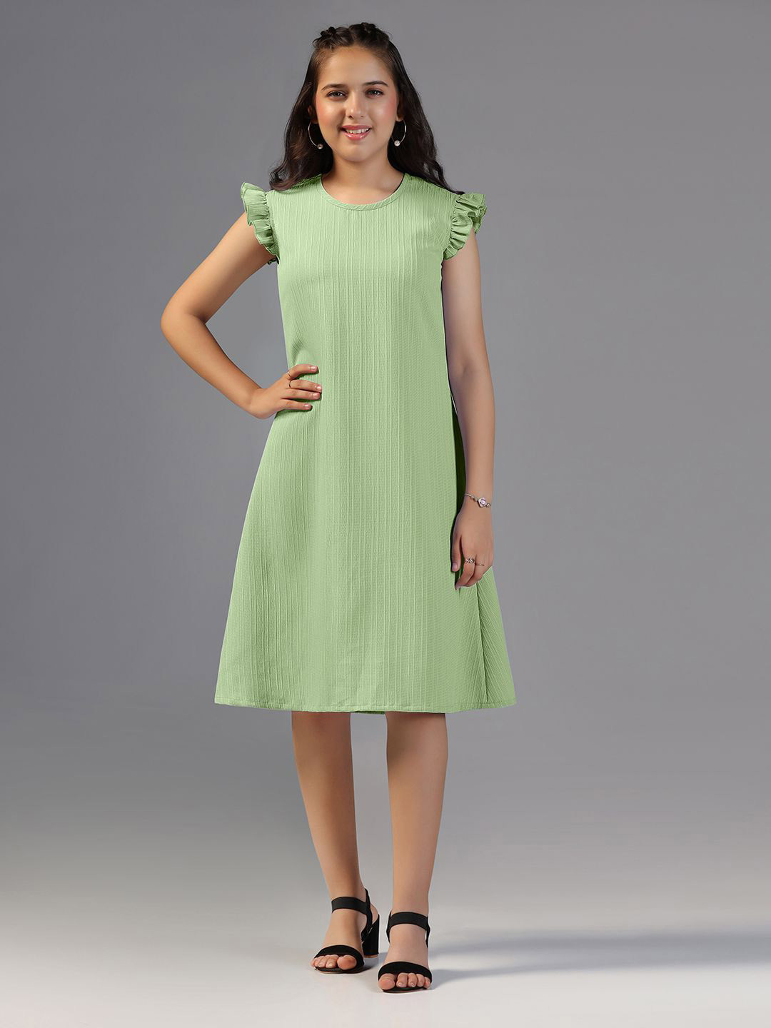 OMPAX Women Solid Flutter Sleeve A-Line Dress
