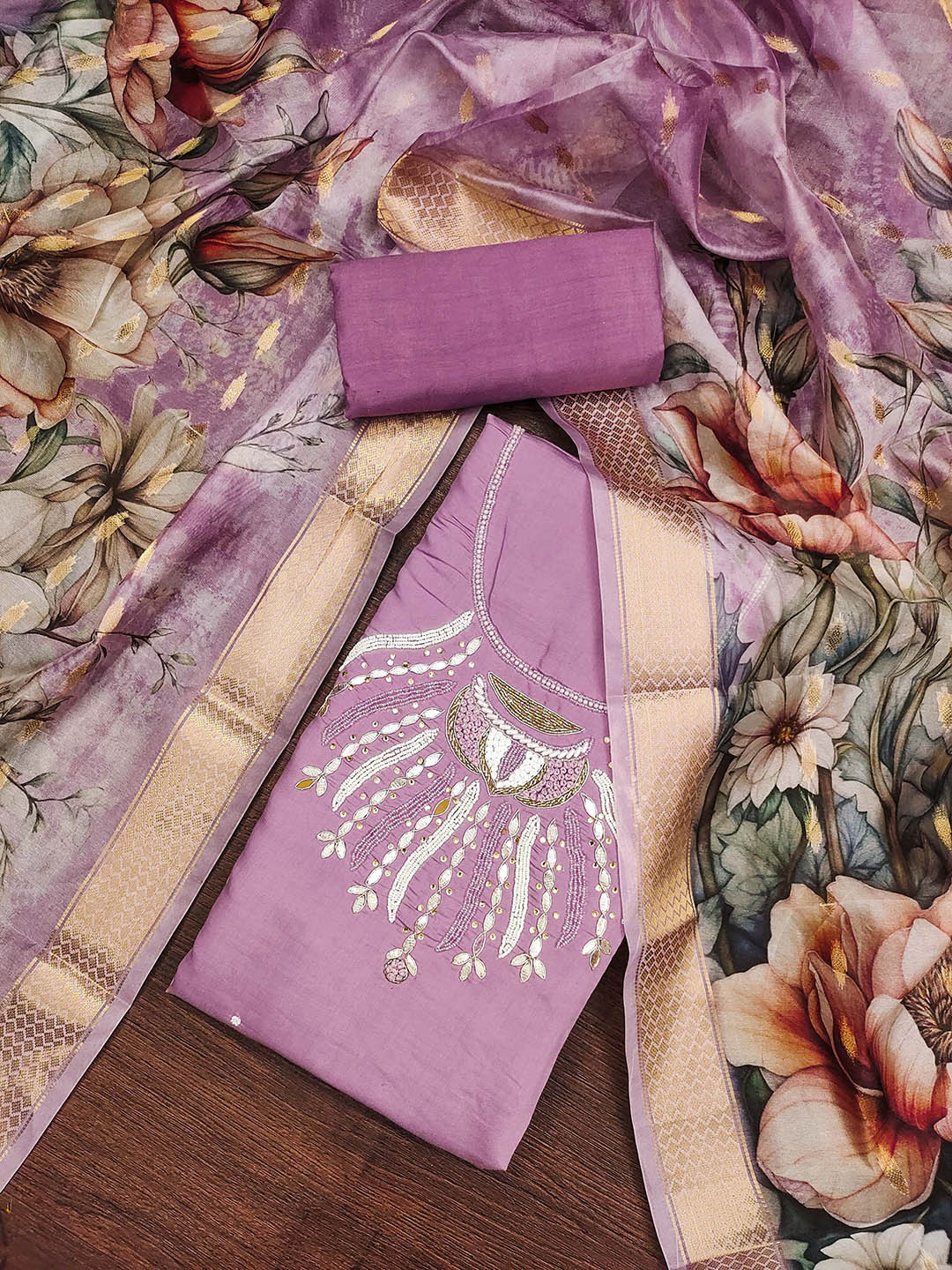 KALINI Floal Embellished Beads and Stones Pure Silk Unstitched Dress Material