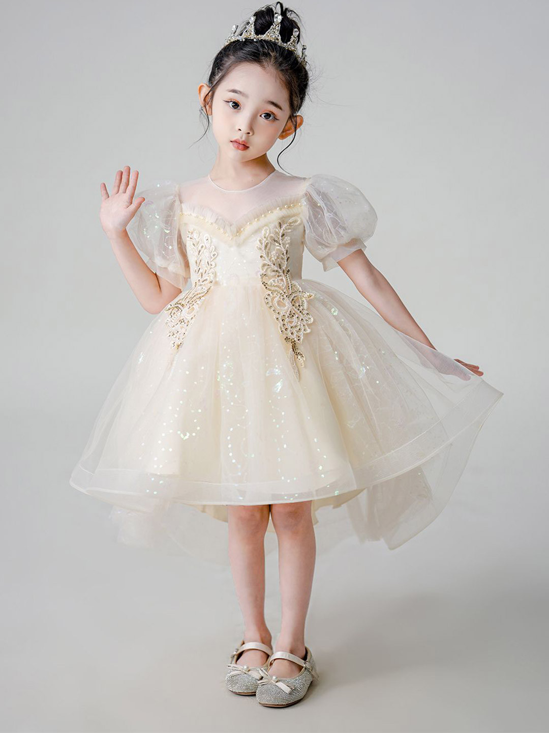 JC SPARKLE Self Design Puff Sleeve Fit & Flare Dress