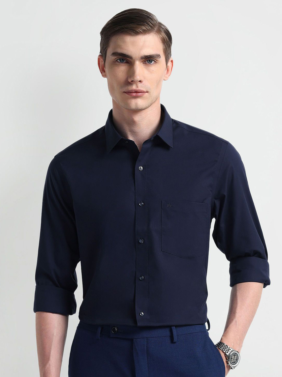 Arrow Men Modern Spread Collar Solid Cotton Slim Fit Formal Shirt