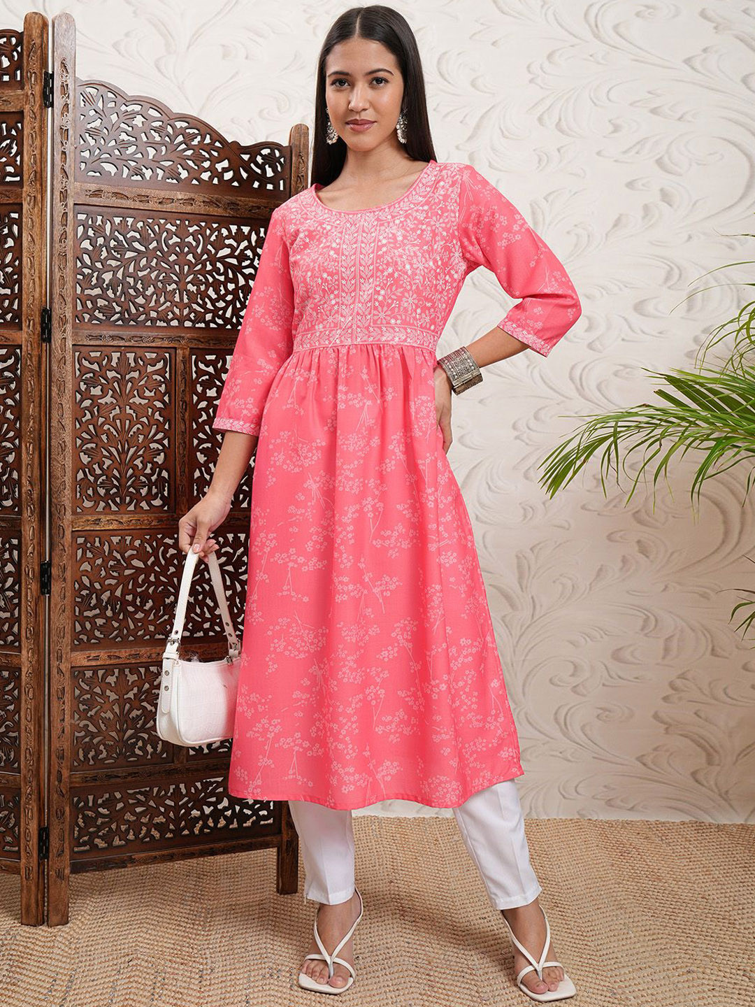 Vishudh Pink Floral Printed Round Neck Gathered Waist A-Line Kurta