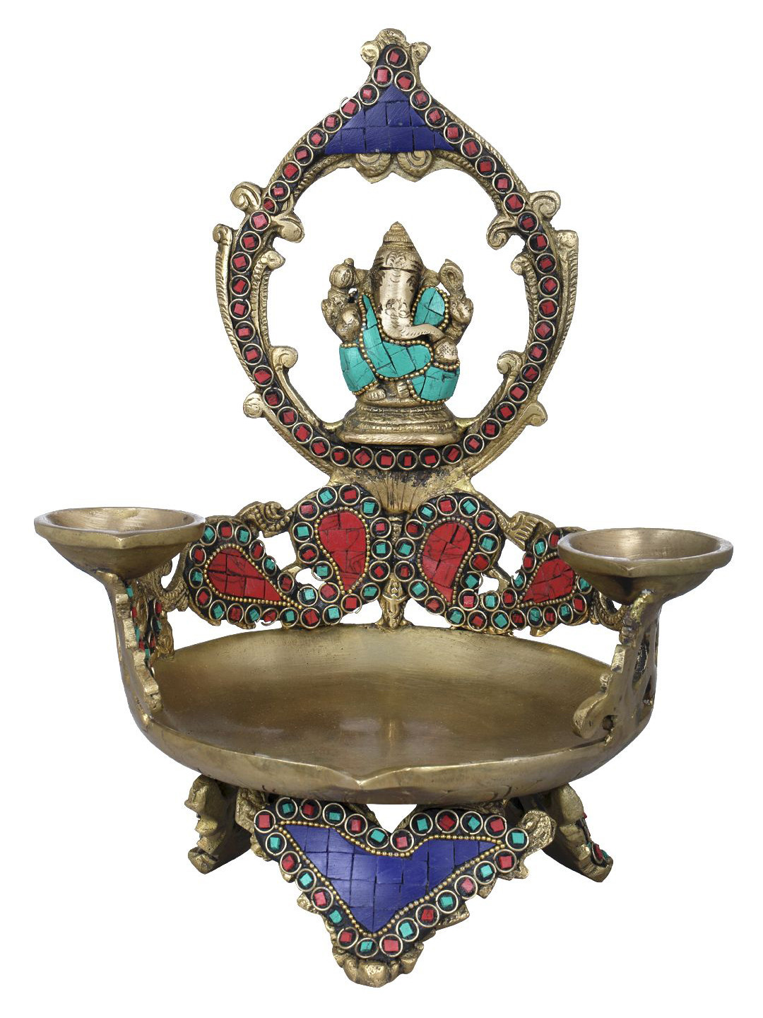 Exotic India Brass Large Ganesha Diya & Two Small Lamps with Inlay Work