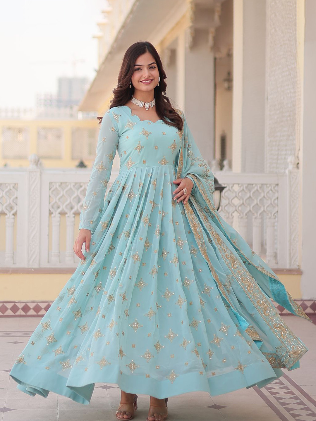 KALINI Embellished Maxi Ethnic Dress With Dupatta Set