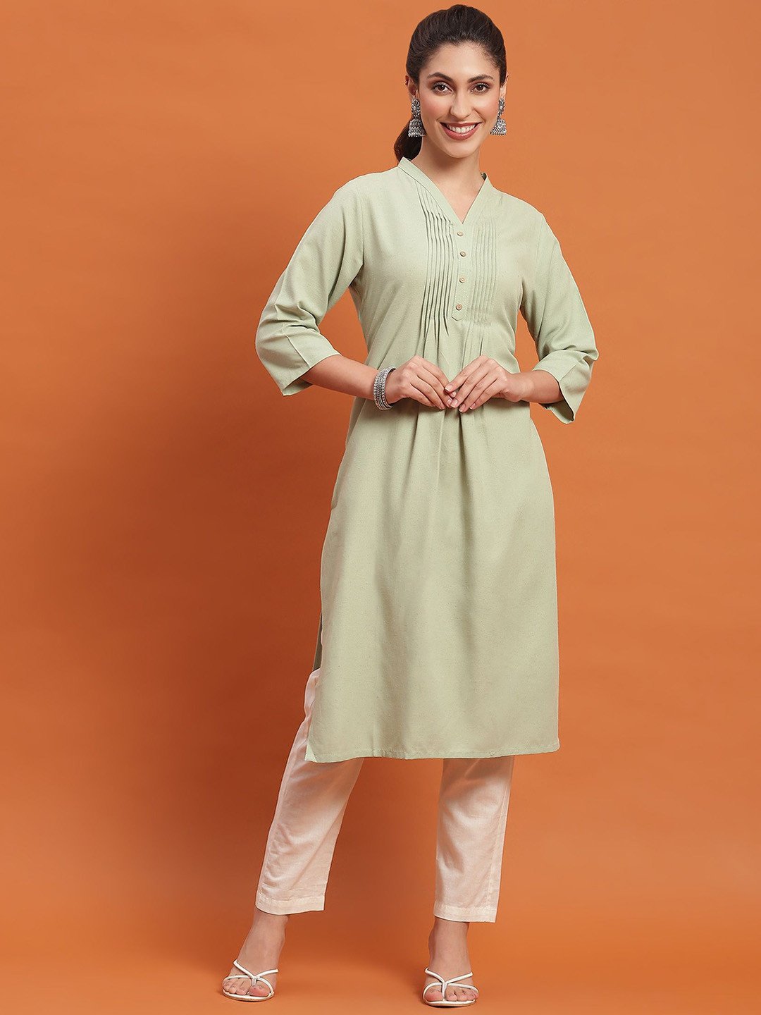 Shree V-Neck Three-Quarter Sleeves Pintuck Detailed Straight Kurta