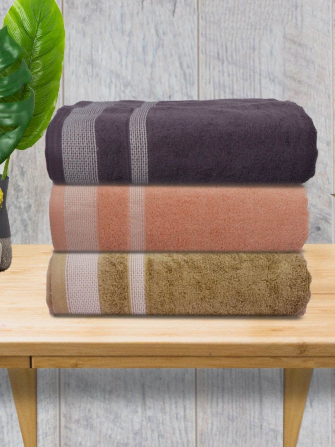 Aura Brown & Peach-Coloured 3 Pieces Striped Cotton 400 GSM Bath Towels