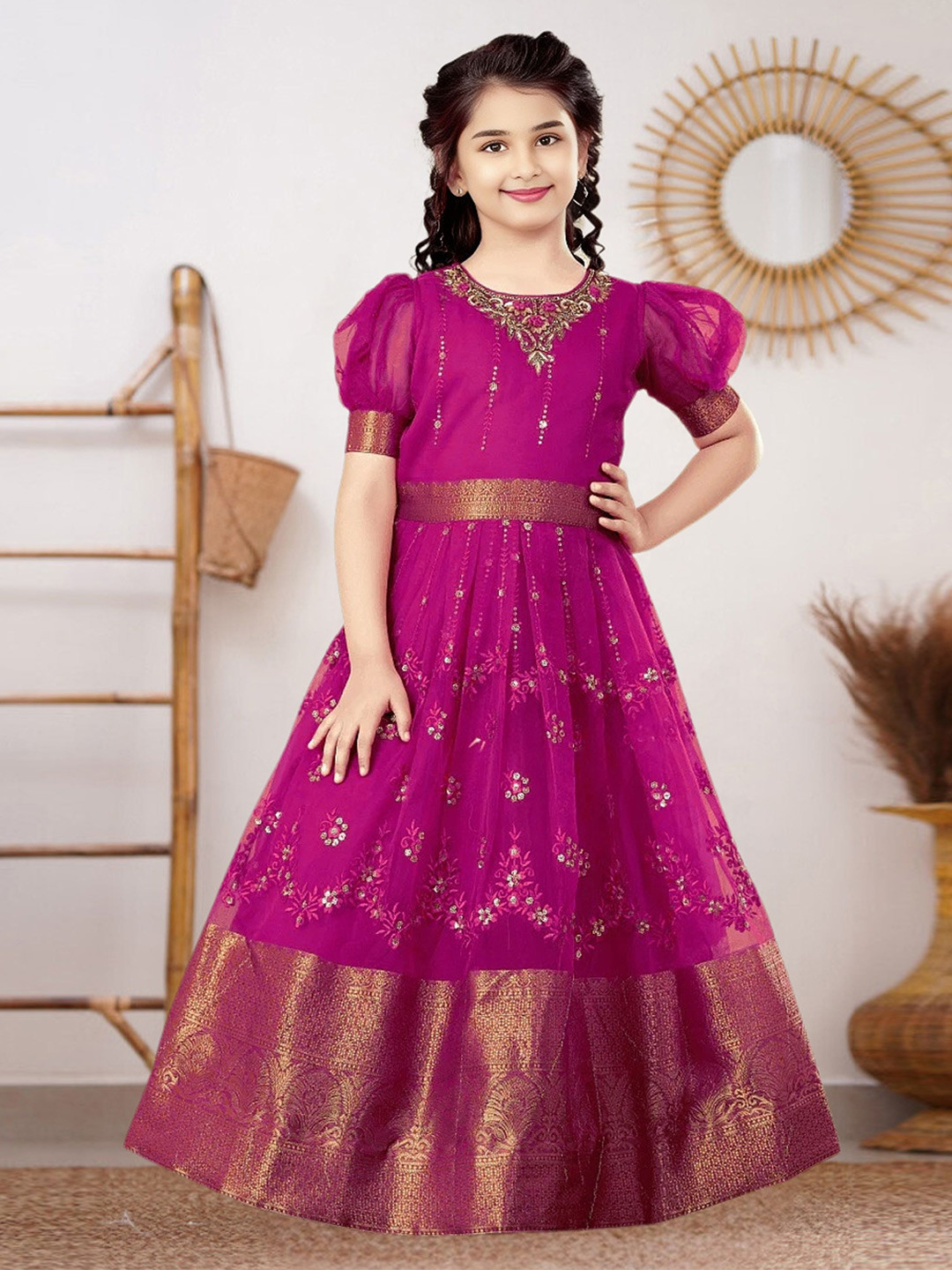 UFB Embellished Embroidered Puff Sleeve Net Maxi Dress