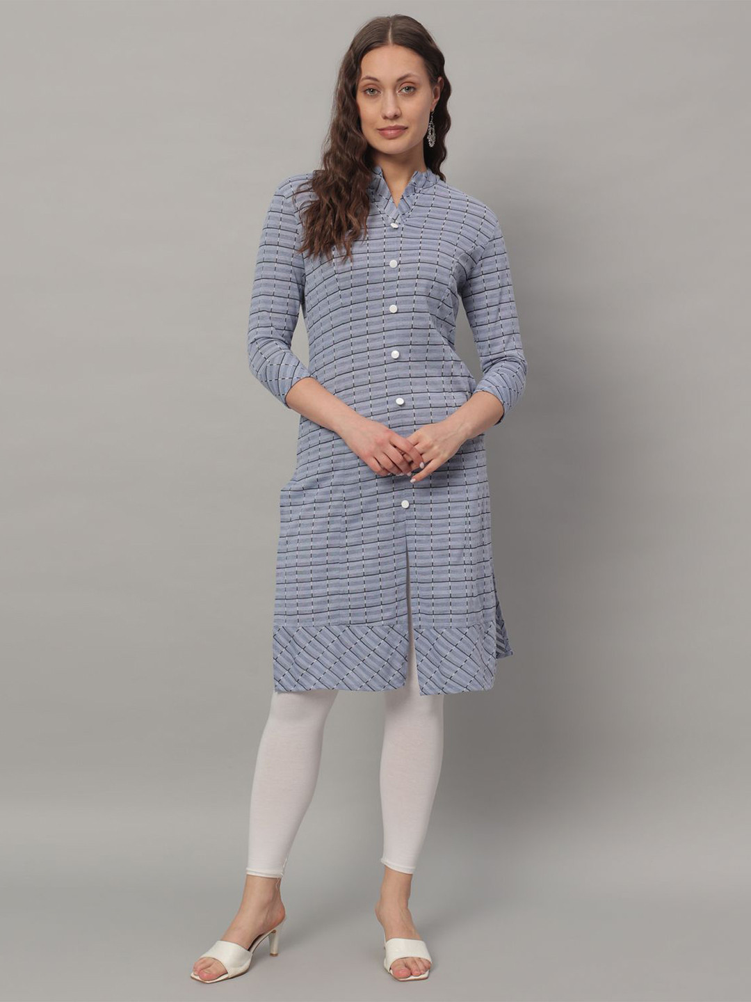 GLITO Women Checked Pattern Mandarin Collar Front Slit Straight Kurta