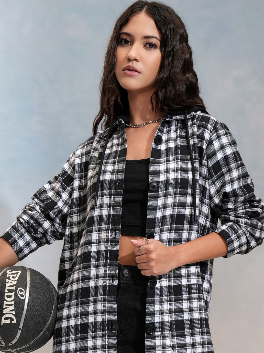 Tokyo Talkies Women Black & White Printed Hooded OverOversized Shirt