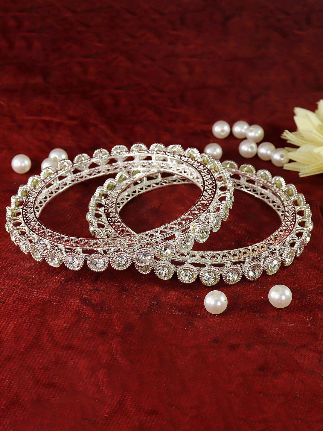 LAVAZZA Set Of 2 Silver-Plated Cubic zirconia-Studded Polki Design Bangles