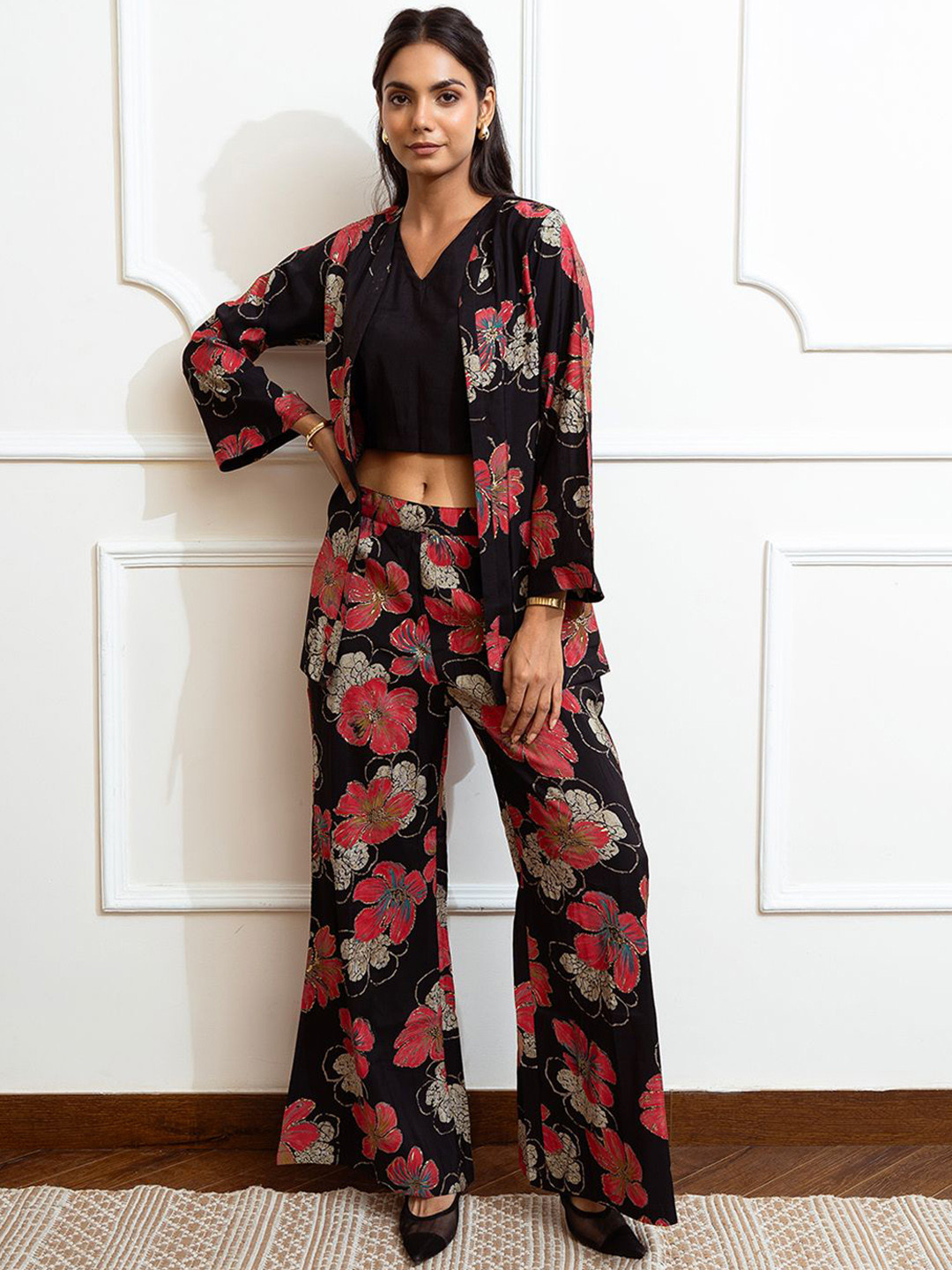 Claura Black V-Neck Sleeveless Top & Jacket With Trousers