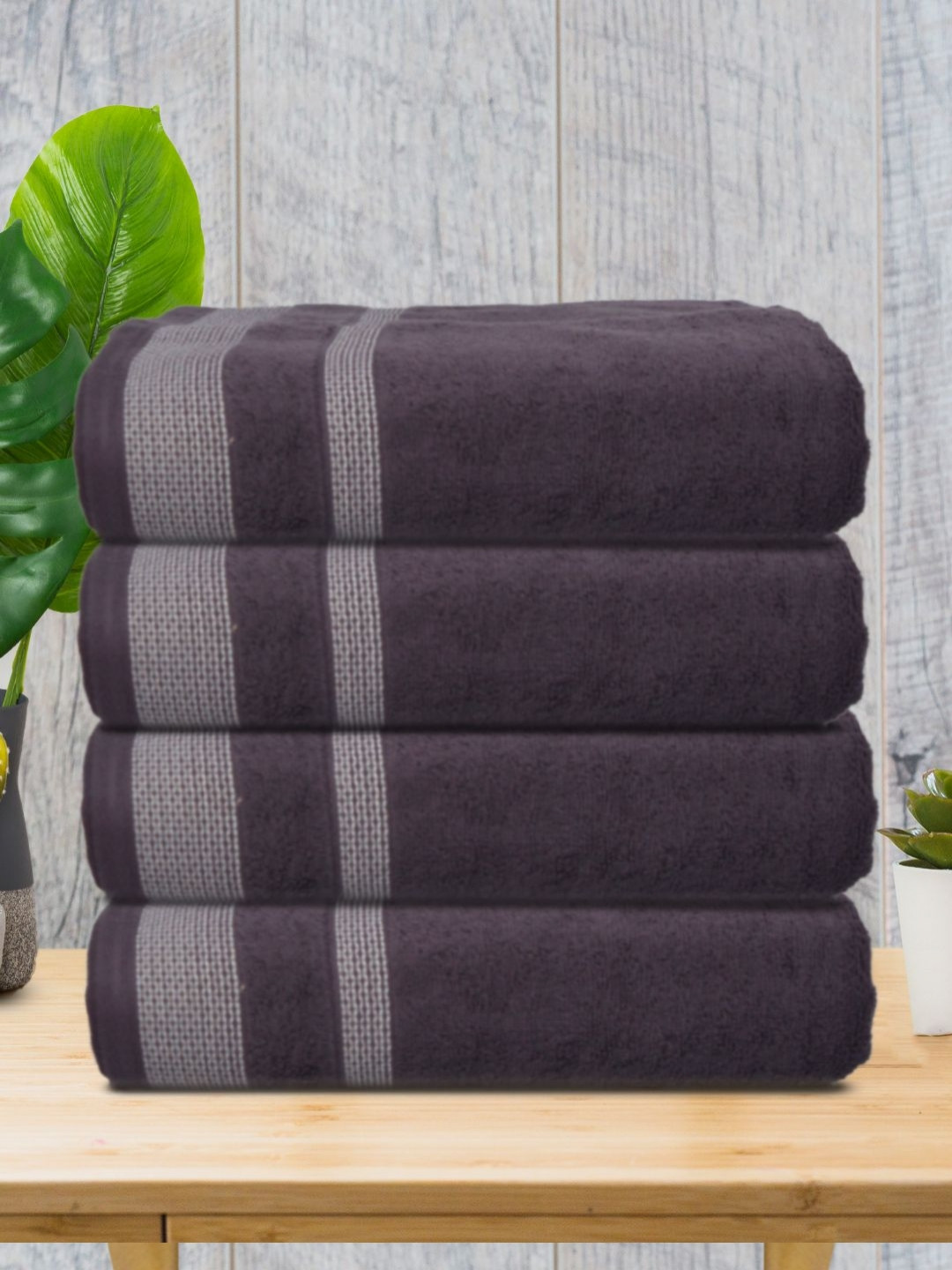 Aura Purple and Grey 4 Pcs Striped Cotton 400 GSM Bath Towels