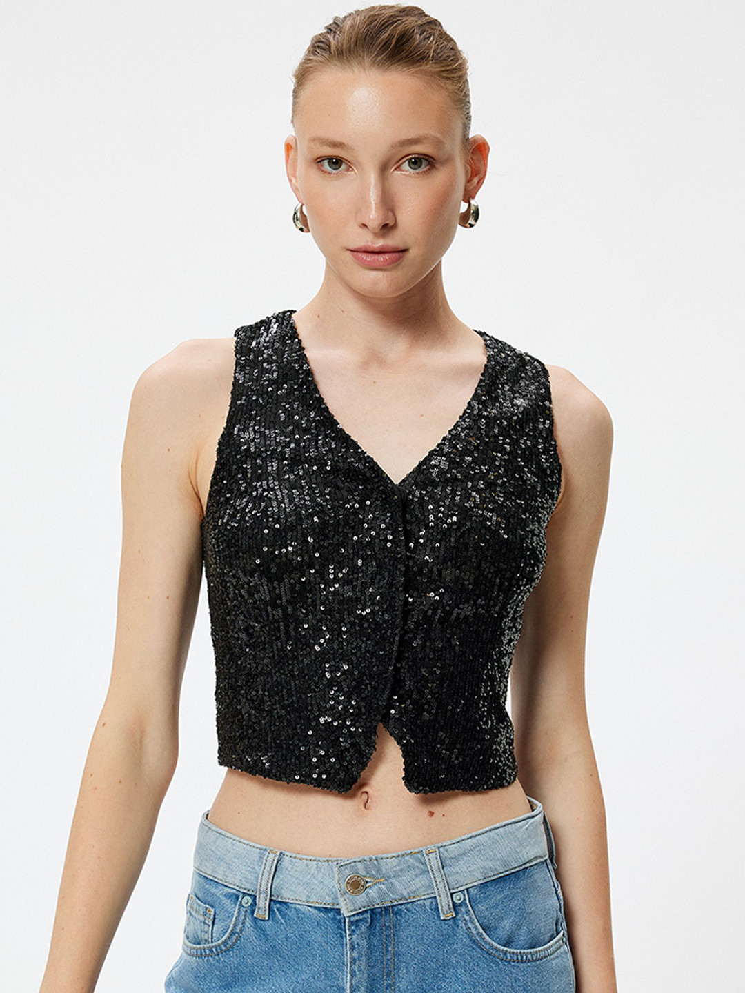 Koton Embellished V-Neck Collarless Sleeveless Tailored Jacket