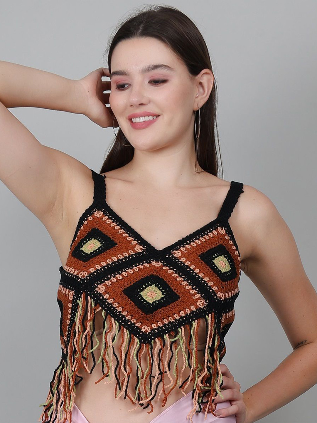 Fabme Women Self Design Crochet Shoulder Straps Nylon Top