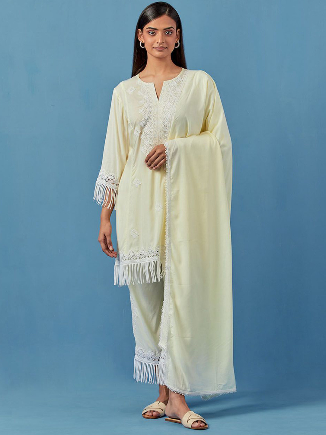 Sage Saga Floral Embroidered Thread Work Straight Kurta with Trousers & With Dupatta