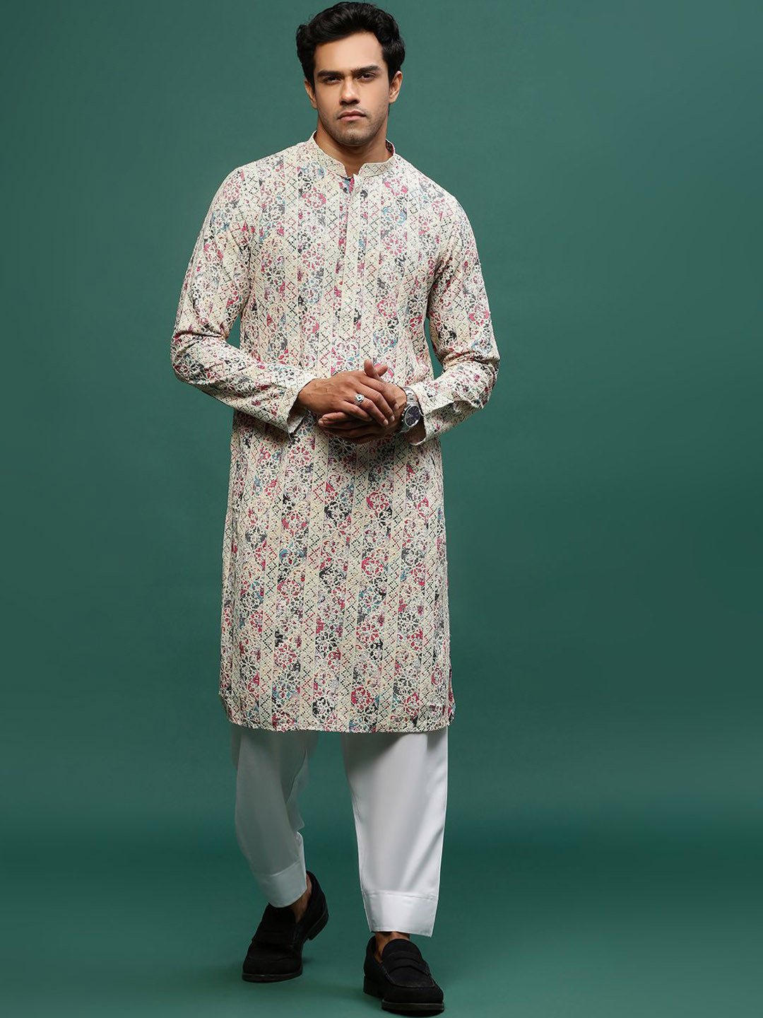 Sangria Blue Ethnic Motifs Printed Mandarin Collar Chikankari Kurta And Patiala