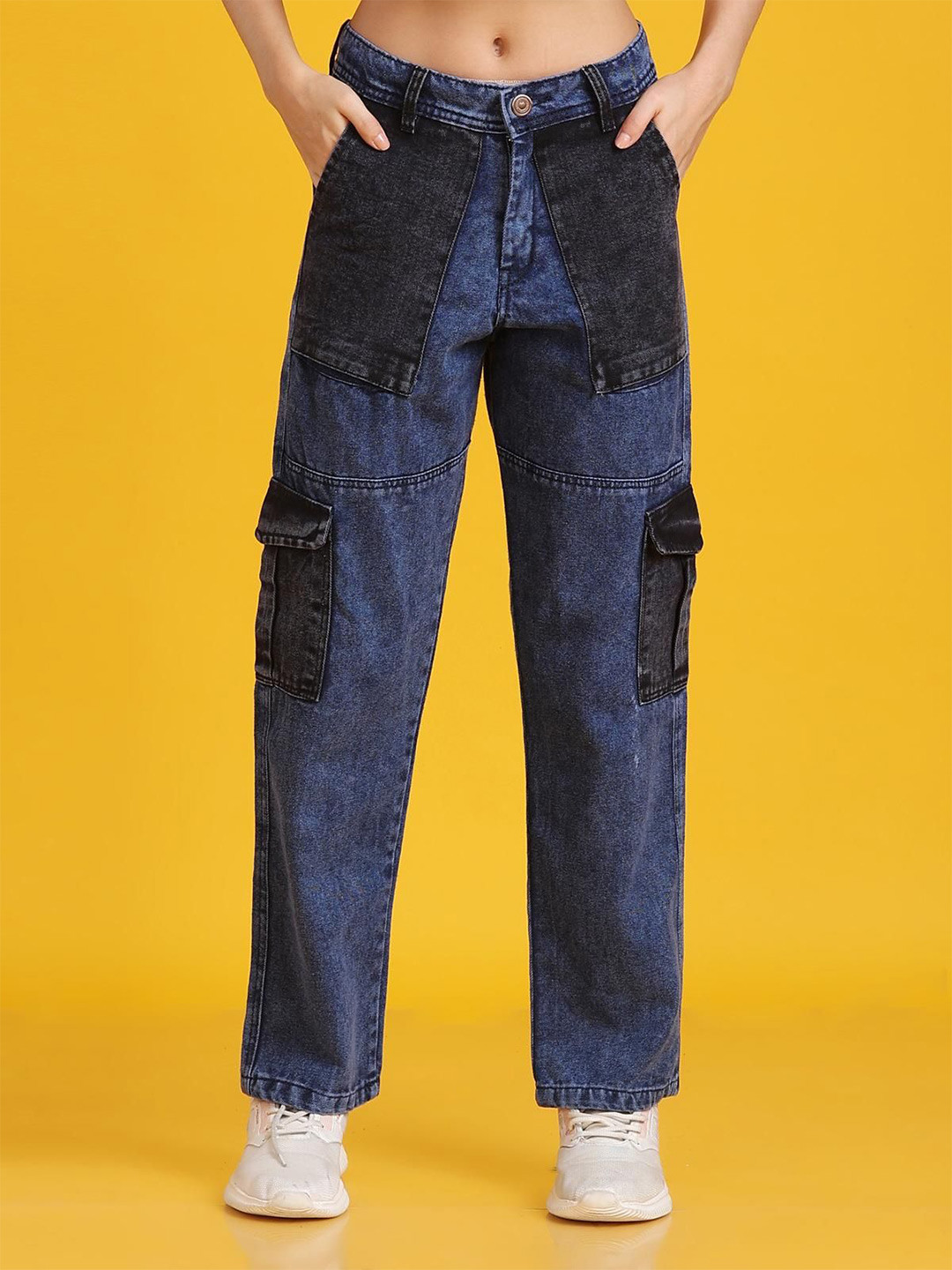 The Dance Bible Women Straight Fit Contrast Pocket Denim Cargo Jeans