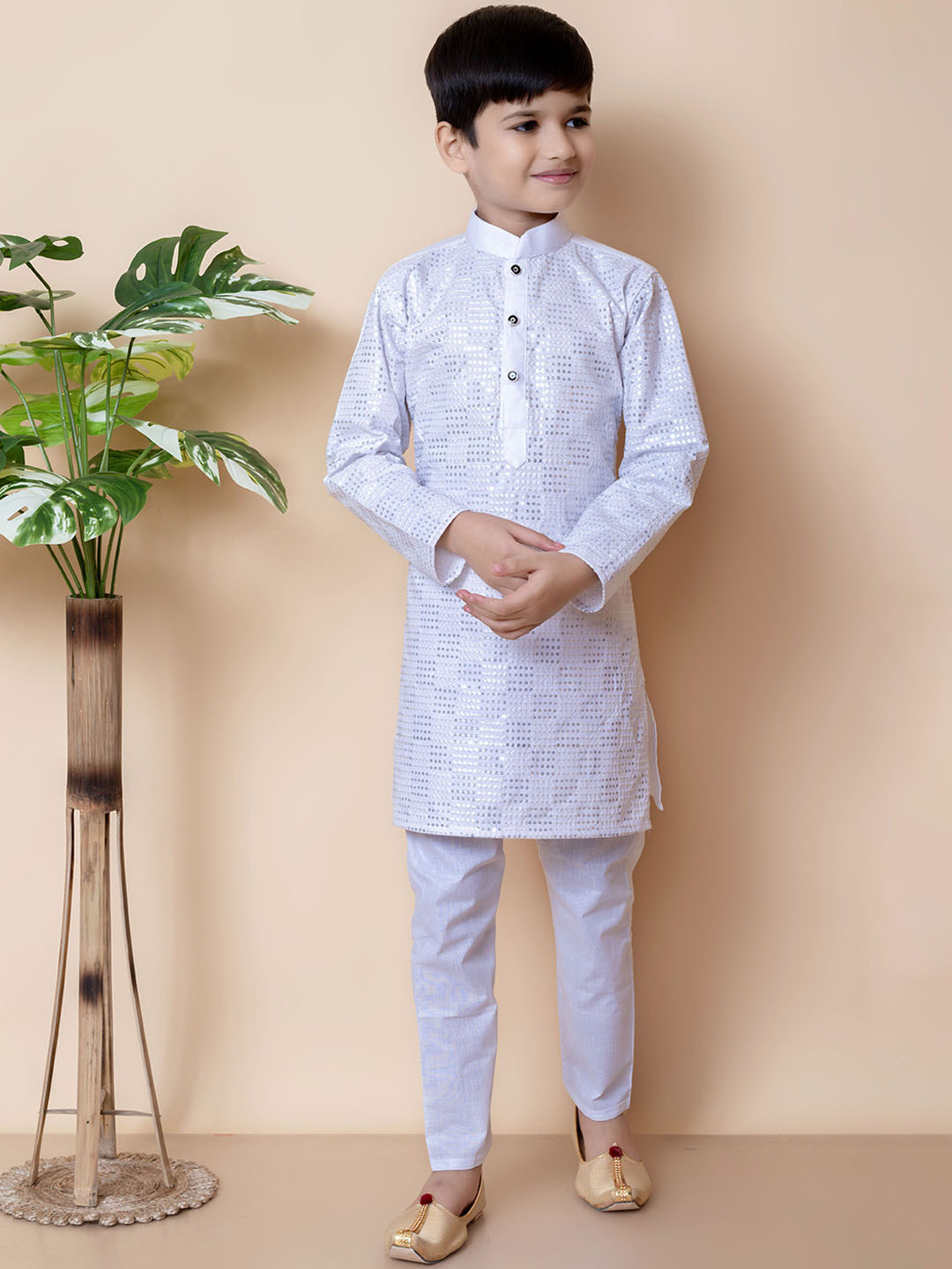 NFC CREATION Boys Embroidered Straight Sequinned Pure Cotton Kurta with Pyjamas