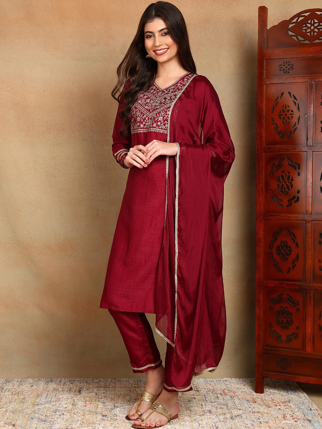 AHIKA Maroon Ethnic Motifs Yoke Design Zari Sequinned Kurta with Trousers & Dupatta