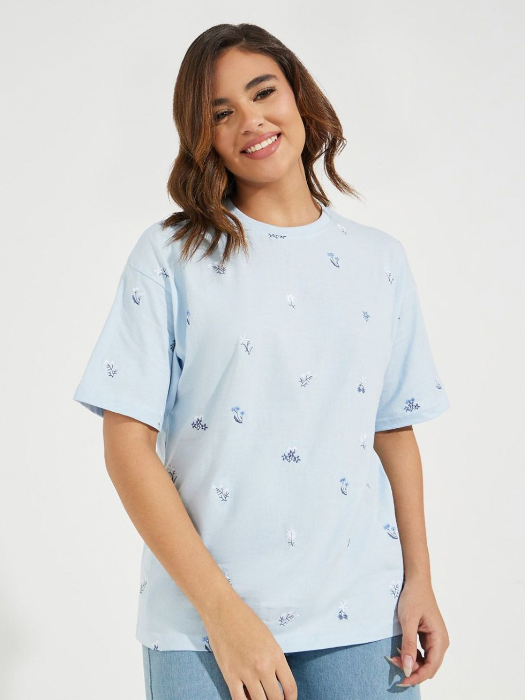 Styli Oversized All Over Embroidered Round Neck Longline T-Shirt